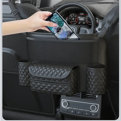 Leather Car Seat Middle Hanger Storage Bag Luxury Auto Handbag Holder Between Seats Tissue Water Cup Pockets Stowing Tidying