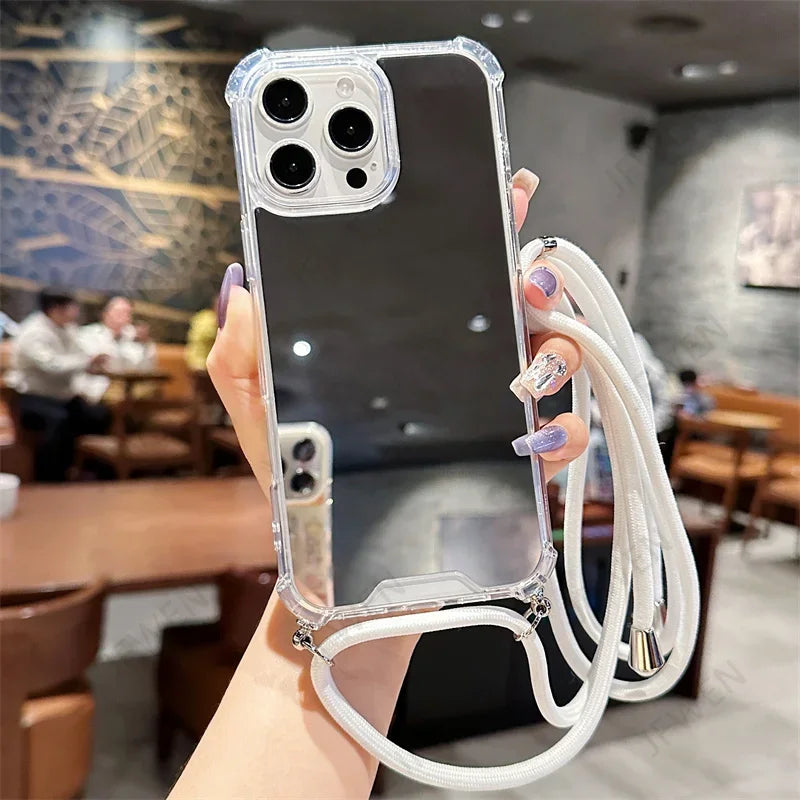 Crossbody Lanyard Mirror Phone Case For iphone 16 15 14 13 12 Mini 11 Pro Max XS XR SE 2 3 8 7 Plus Hard PC Back Cover