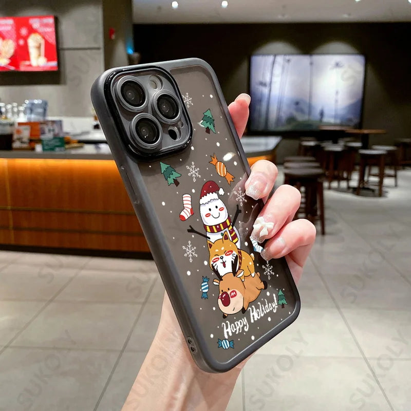 Christmas Case For iPhone 15 14 Pro Max 12 13 Pro Max 11 16 Luxury Lens Protector Shockproof Soft Cover Santa Claus Elk Snowman