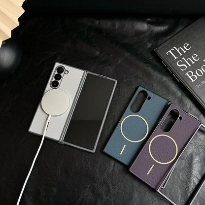 Light Luxury PU Matte Slim Solid Color Phone Cases for Samsung Galaxy Z Fold 7 6 5 4 3 Magnetic Wireless Charge Protective Cover