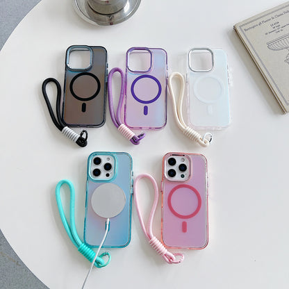 Fashion Laser Gradient Magnetic Lanyard Shockproof Case for iPhone 17 Air 16 15 14 13 11 12 Pro Max Plus E For Magsafe Cover