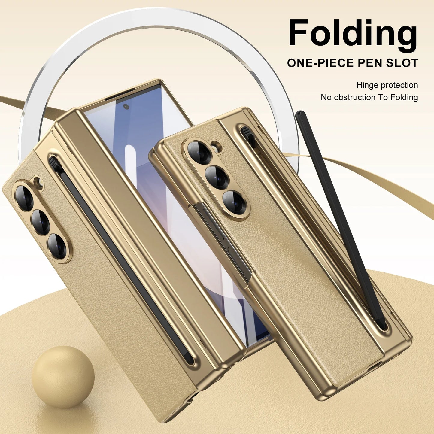 With Touch Pen For Samsung Galaxy Z Fold 7 6 5 4 3 TriFold Case Leather Plating Hinge 360 Full Screen Protector Folding Cover