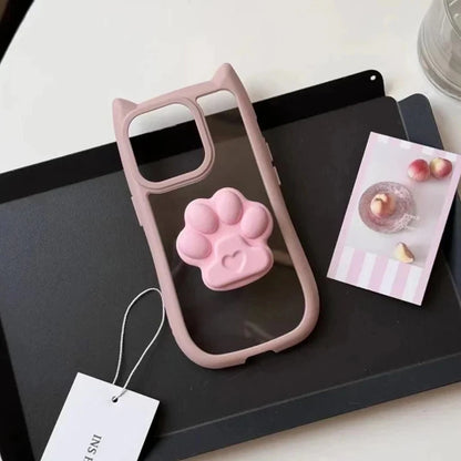 INS Cute 3D Cat Ear Claw Grip Tok Holder Phone Case for  iPhone 15 14 13 12 11 Pro Max Plus XR  Acrylic Transparent Cover