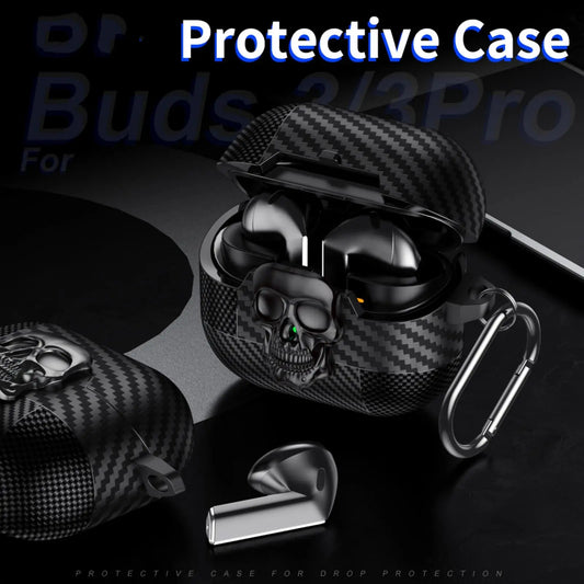 Lock Case For Samsung Galaxy Buds 3Pro with Keychain Funny TPU Cool Skull Carbon Fiber Protective Case For Samsung Galaxy Buds 3