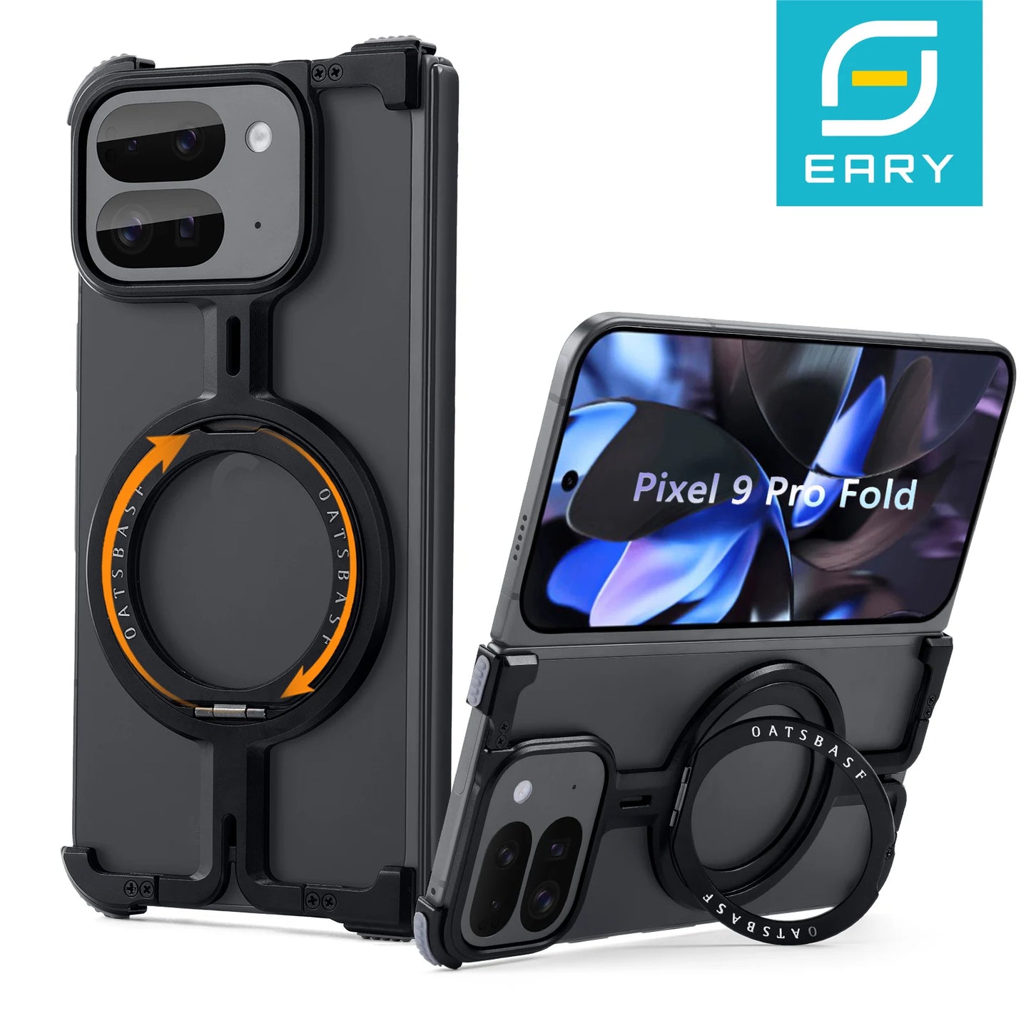 Eary for Google Pixel 9 Pro XL Fold Metal Phone Case With 360° Rotatable Magnetic Kickstand Frameless Bumper Shockproof Covers