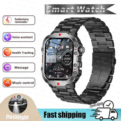 Military 2026 Sports Smartwatch Men 2.01 inch HD LED Flashlight Christmas Gift Screen Bluetooth Talking Multifunction Smartwatch