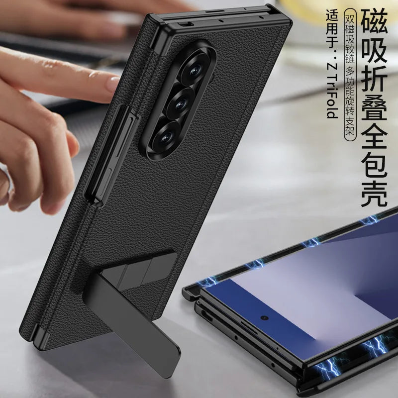 For Samsung Z Tri-Fold Phone Case TRIFOLD Dual Hinge Magnetic + Rotating Stand Z TRI-FOLD Leather Full Coverage Protection Cover