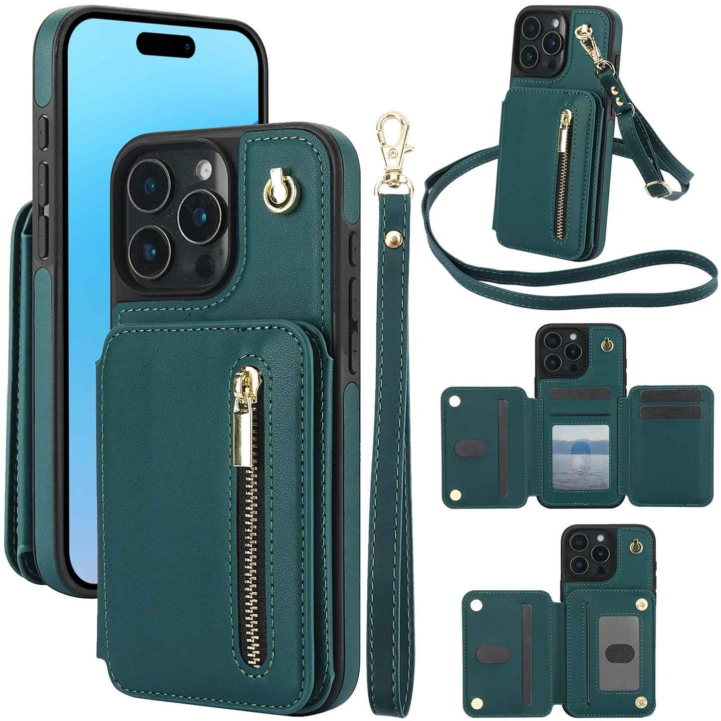Card Slots Zipper Leather Wallet Case Flip Phone Case for IPhone 11 12 13 14 15 16 17 Pro Max Plus Promax 16e Ring Lanyard Purse