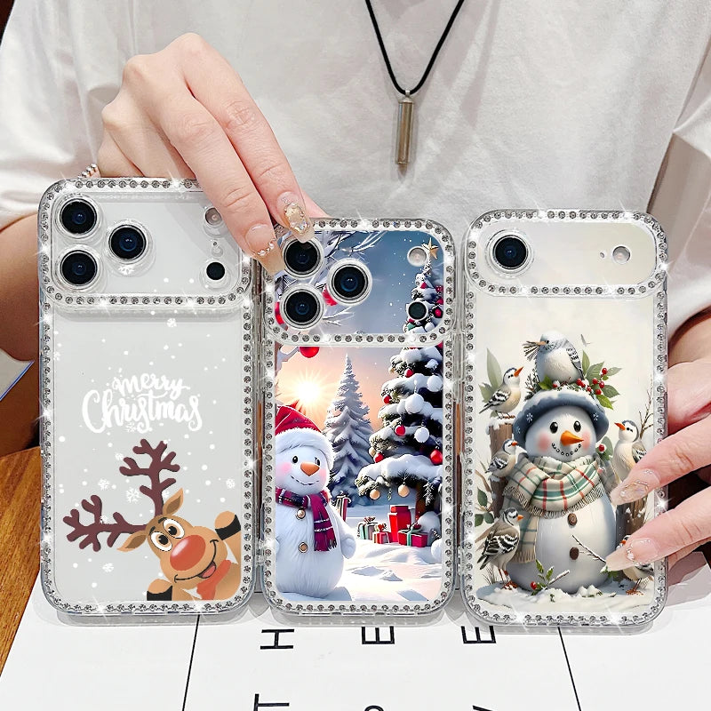 For iPhone 17 Pro Max Case Christmas Elk Santa Claus Diamond Cover For iPhone 13 14 15 12 11 16e 17 Air Funda iPhone 16 Pro Max