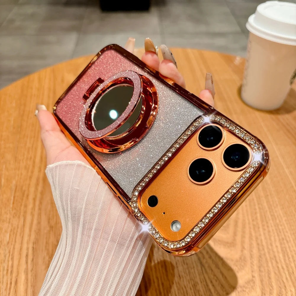 Luxury Diamonds Mirror Bracket Magsafe Case For iPhone Air 17 Pro 16 15 14 13 12 11 Pro Max Plus Gradient Glitter Magnetic Cover