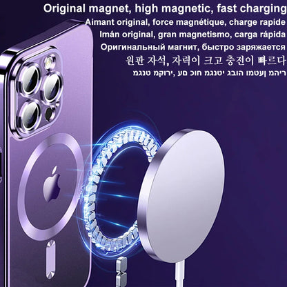 Magnetic Plating Case For iPhone 15 16 14 17 13 12 11 Pro Max Air Camera Lens Protector Glass For Magsafe Wireless Charger Cover