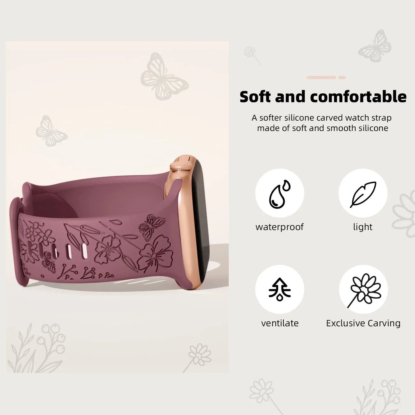 Straps For Apple Watch Band 44mm 42mm 41mm 40mm 45mm 49mm 46mm Floral Engraved bracelet correa iwatch series 10 9 7 SE 6 8 Ultra