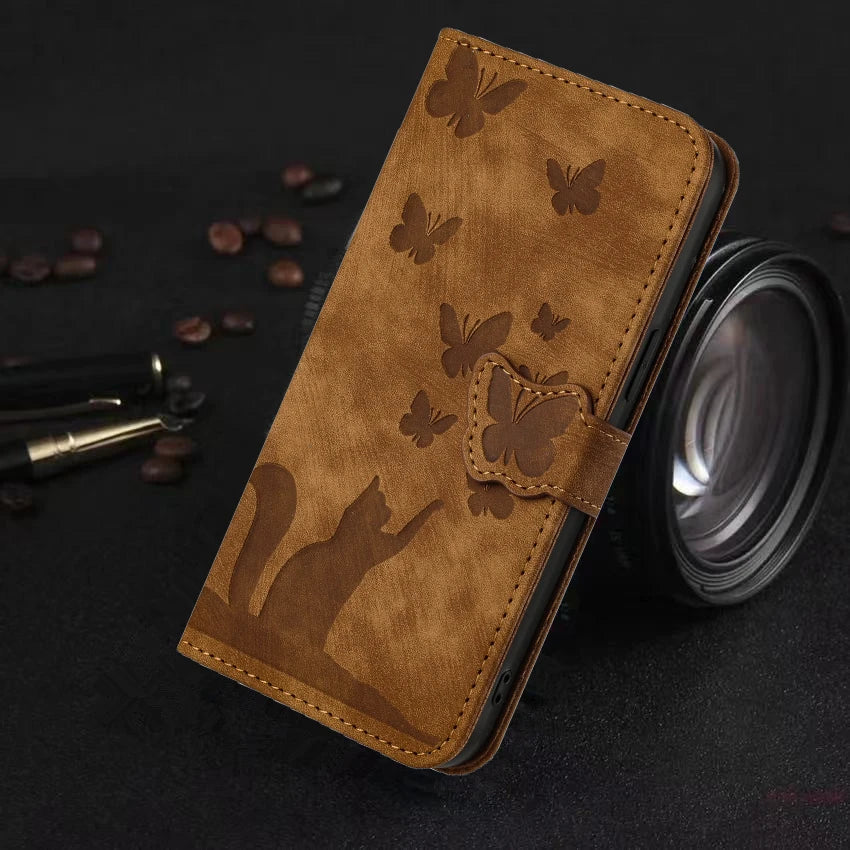Funda S24 Flip Case for Samsung Galaxy S24 S25 Plus S23 Ultra S22 S21 S20 FE Cases Cute Cat Butterfly Leather Wallet Back Cover