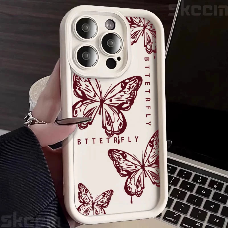 Pink Cute Butterfly Silicone Soft Phone Case For iPhone 16 16E 15 14 13 12 11 Pro Max XS XR X 7 8 Plus Shockproof Candy Cover