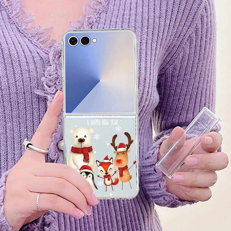 Christmas Tree Bear Clear Phone Case For Samsung Galaxy Z Flip 7 FE 6 5 4 3 5G Folding Hard PC Cover For Samsung Z Flip7 Flip6