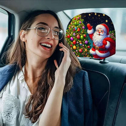 2 pieces of Christmas tree and Santa Claus patterned car headrest covers, holiday gifts, retractable and washable
