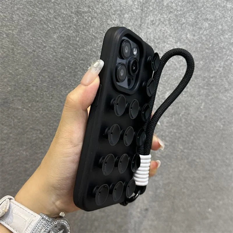 Fashion Cute Candy Liquid Silicone Suction Cup With Wrist Strap Case For iPhone 17 15 14 11 12 13 16 Pro Max Solid Color Cover