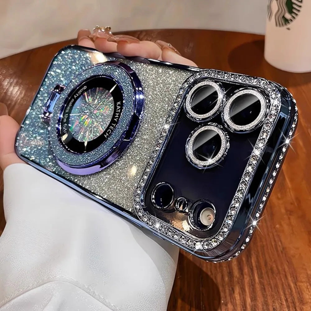 Suitable for iPhone17/16/15/14/13/12/11 Case With Lens Film 16 Anti-drop 15 Rhinestone Glitter Magnetic Stand