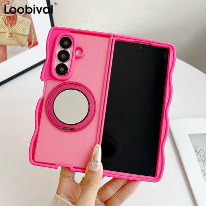 360 Rotating Mirror Stand Bracket Magnetic Case for Samsung Galaxy Z Fold7 Z Fold 6 5 4 3D Wave Border Shockproof Bumper Fundas