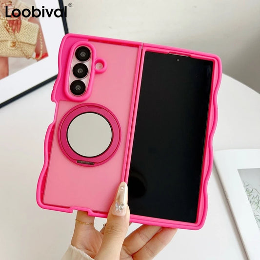 360 Rotating Mirror Stand Bracket Magnetic Case for Samsung Galaxy Z Fold7 Z Fold 6 5 4 3D Wave Border Shockproof Bumper Fundas