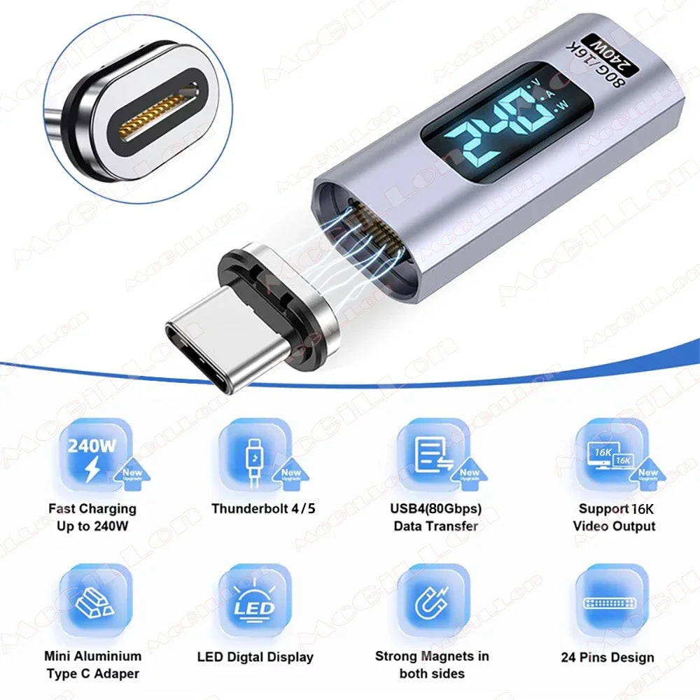PD 240W Magnetic USB C Adapter Fast Charging Type C to USB C USB4 Connector 80Gbps 16K60Hz for Thunderbolt 5 4 iPhone 16 Macbook
