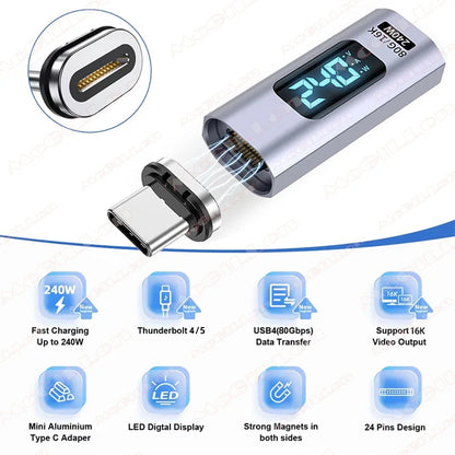 PD 240W Magnetic USB C Adapter Fast Charging Type C to USB C USB4 Connector 80Gbps 16K60Hz for Thunderbolt 5 4 iPhone 16 Macbook