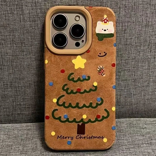 Cute Bear And Star Design Christmas Tree Faux Leather Phone Case For iPhone 16 Pro Max XS XR X 11 13 12 15 14 16 Plus Soft Cover