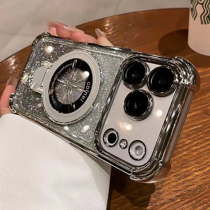Plating for Magsafe Glitter Bracket Case for iPhone 17 16 15 Pro Max 14 Plus Air 11 12 13 Gradient Stand Airbag Shockproof Cover