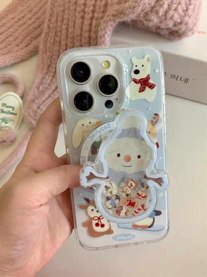 3D Cartoon  Christmas Snowman magnetic holder Phone Case for Iphone16 15 14 13 ProMax Shockproof  Soft Cute Anti-drop Back Cover