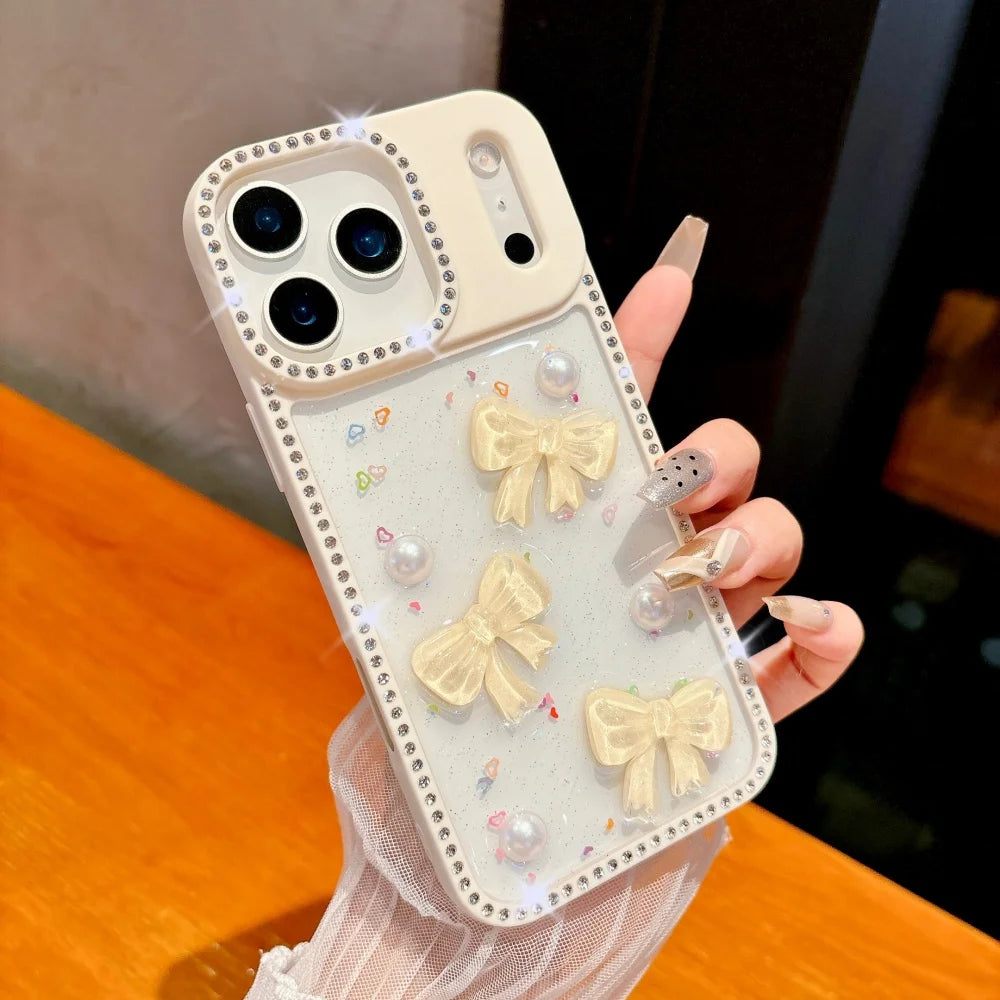 Shiny Diamond 3D Pearl Bow Phone Case For iPhone 17 AIR 16 15 14 13 Pro Max 17pro Plating TPU Epoxy Shockproof Transparent Cover