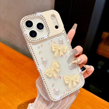 Shiny Diamond 3D Pearl Bow Phone Case For iPhone 17 AIR 16 15 14 13 Pro Max 17pro Plating TPU Epoxy Shockproof Transparent Cover