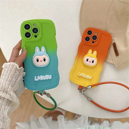 Cartoon Cute Animals Gradient Wavy Soft Phone Case with Wrist Strap For iPhone 16 Pro Max 16e 15 14 Plus 13 12 11 X XR XS 7 8 6