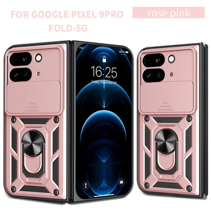 Full Camera Lens Protection Phone Case For Google Pixel 9 Pro Fold 5G Armor Metal Rotating Ring Silicone Soft Back Cover Cases