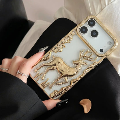 3D Deer Diamond Phone Case For iPhone 17 16 15 14 13 12 Pro Max 17pro Air Shiny Glitter Electroplated TPU Shockproof Soft Cover