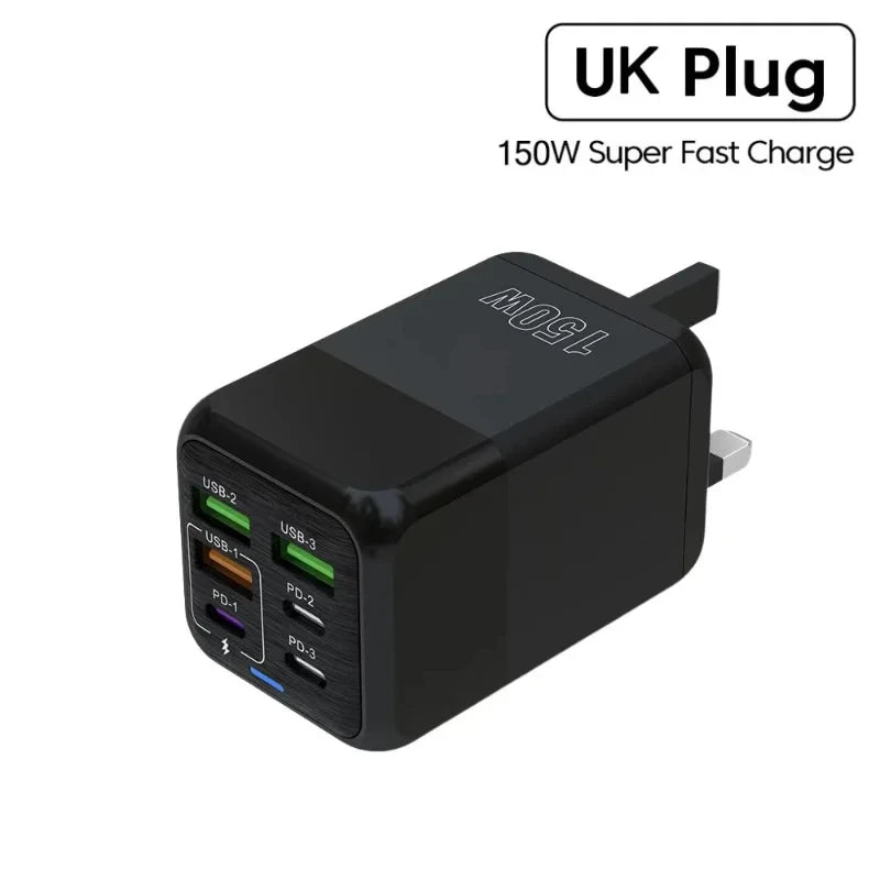 New 150W Fast Charger Mobile Phone Wall Adapter 3Type-C+3USB Multi Port Adapter Super Fast Charging for iPhone Samsung Huawei