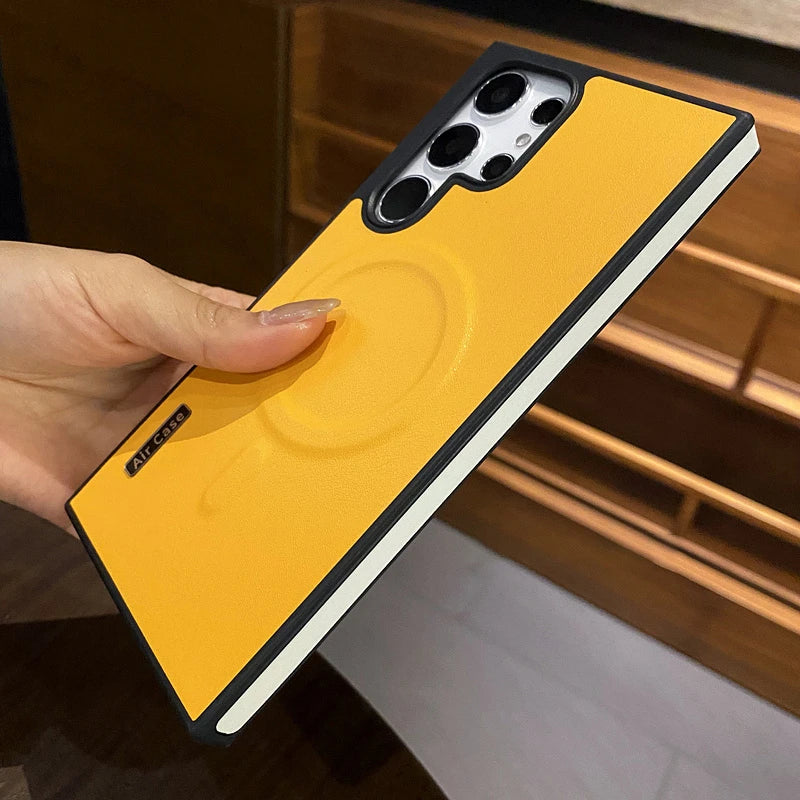 Luxury Matte Leather Magnetic Wireless Charge Case For Samsung Galaxy S24 Ultra S23 S22 Shockproof Soft Bumper Protection Cover