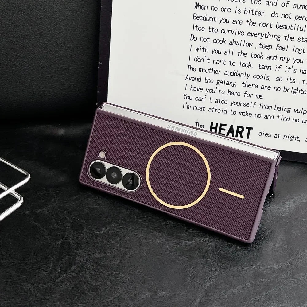 Light Luxury PU Matte Slim Solid Color Phone Cases for Samsung Galaxy Z Fold 7 6 5 4 3 Magnetic Wireless Charge Protective Cover