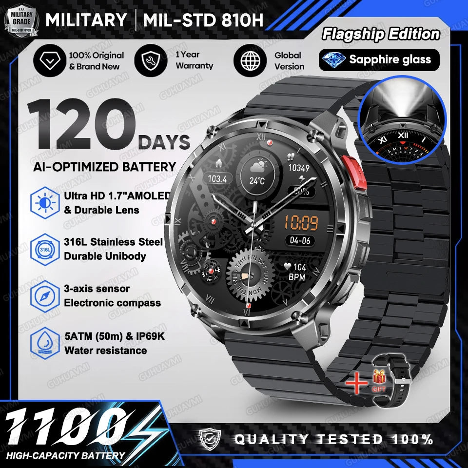 2026 New T-Rex 3 Ultra 1100mAh Military Smart Watch Men 5ATM Waterproof 1.7" AMOLED Screen Bluetooth Call Compass LED Flashlight