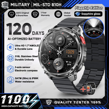 2026 New T-Rex 3 Ultra 1100mAh Military Smart Watch Men 5ATM Waterproof 1.7" AMOLED Screen Bluetooth Call Compass LED Flashlight