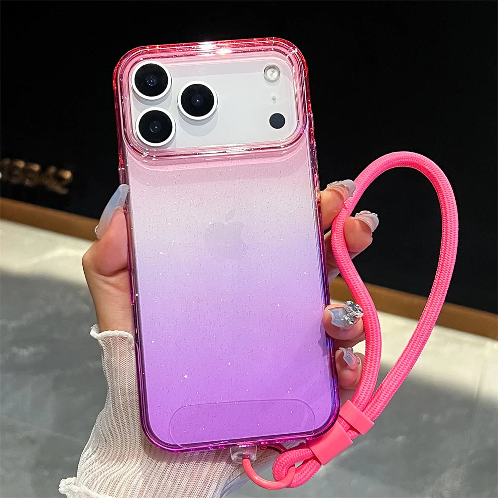 Gradient Colorful Transparent Phone Case For iPhone 17 16 15 14 13 12 Pro Max Plus Shockproof TPU Back Cover With Wrist Strap