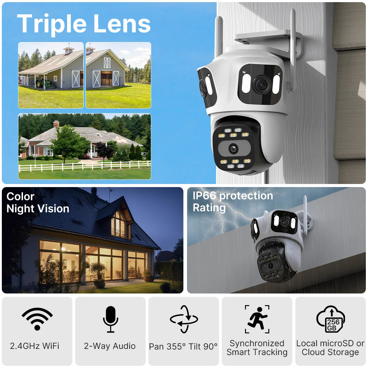 Three Lens PTZ IP Camera Outdoor HD Three Screen WiFi Security Camera Auto Tracking Dual Len Wirelss CCTV Camera iCsee