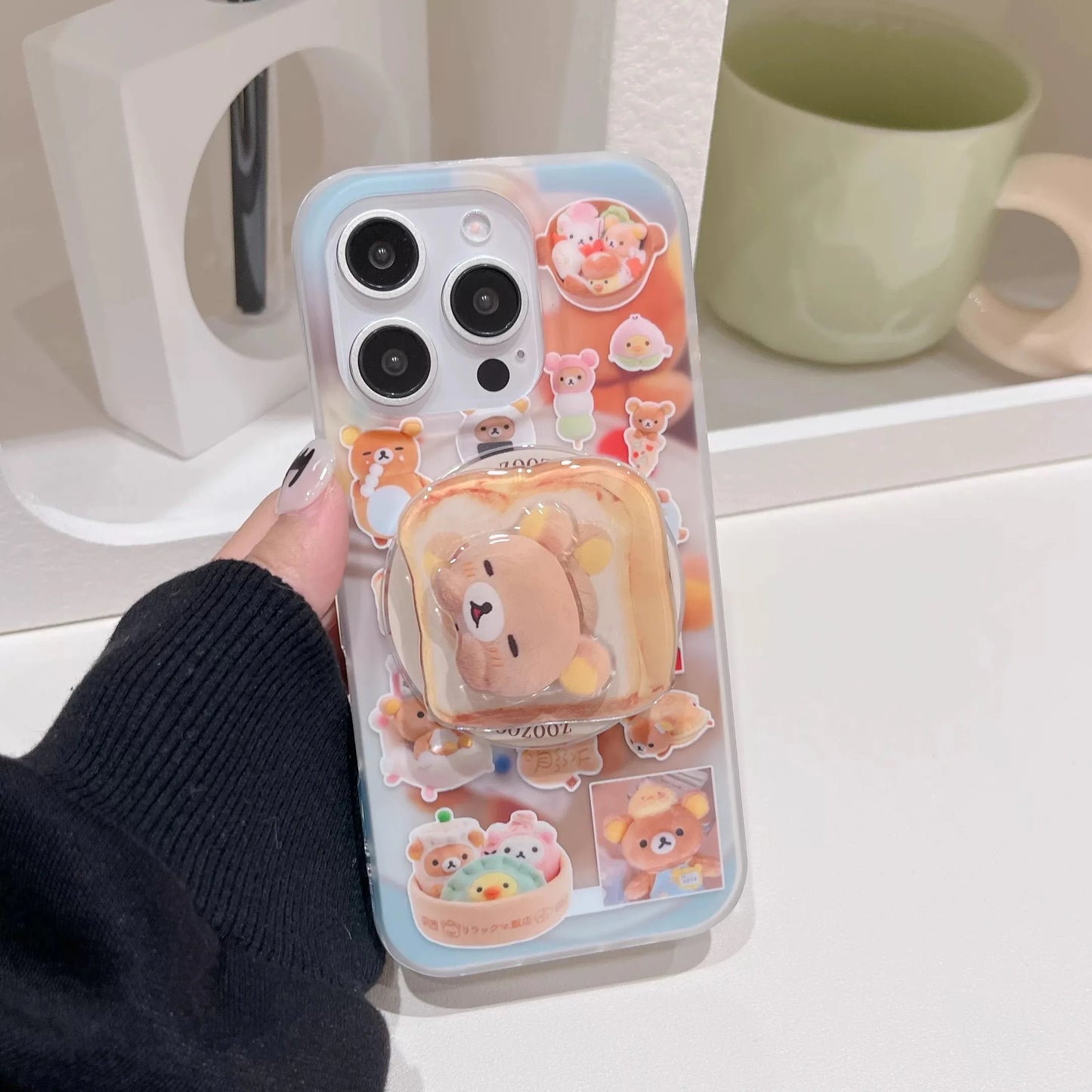 Funny Toast Dessert Bear Small Bell Magsafe Wireless Charge Case For iPhone 13 14 15 16 Pro Max Toast Rotate Bear Magnetic Stand