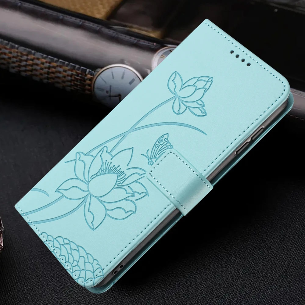 for Funda iPhone 17 16 15 14 13 12 11 Pro Max Lotus Leather Phone Case for Etui iPhone 17 Air 16E 15 Plus Cases Flip Cover Women