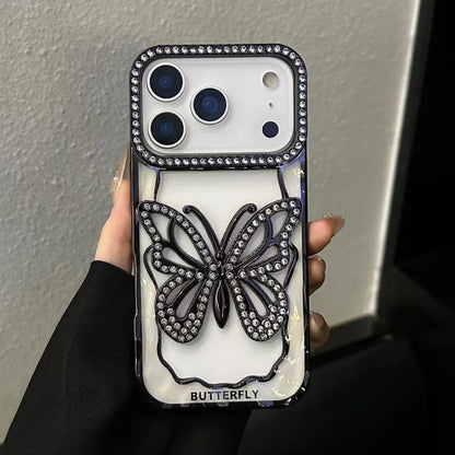 Plating Butterfly Hollow Glitter Diamond Case For iPhone 17 16 15 14 13 Pro Max Plus Bling Sparkling Rhinestone Shockproof Cover