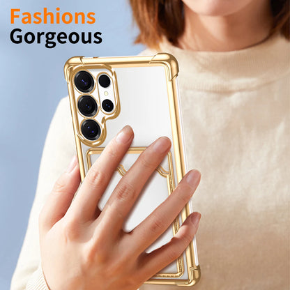 Luxury Plating Card Slot Holder Case For Samsung Galaxy S25 Edge S24 S23 Ultra S22 S21 S20 FE Clear Glitter TPU Soft Back Cover