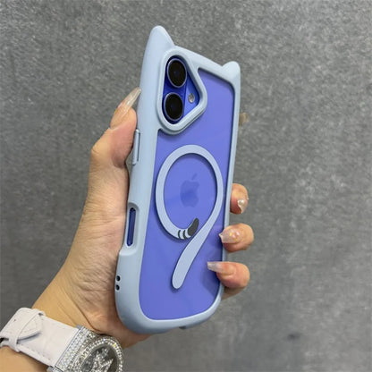 Cute Cat Ear Magsafe Case for iPhone 13 14 15 16 Pro Max 11 12 15 16 Plus Transparent PC TPU Armor Cover with Wrist Strap Chain
