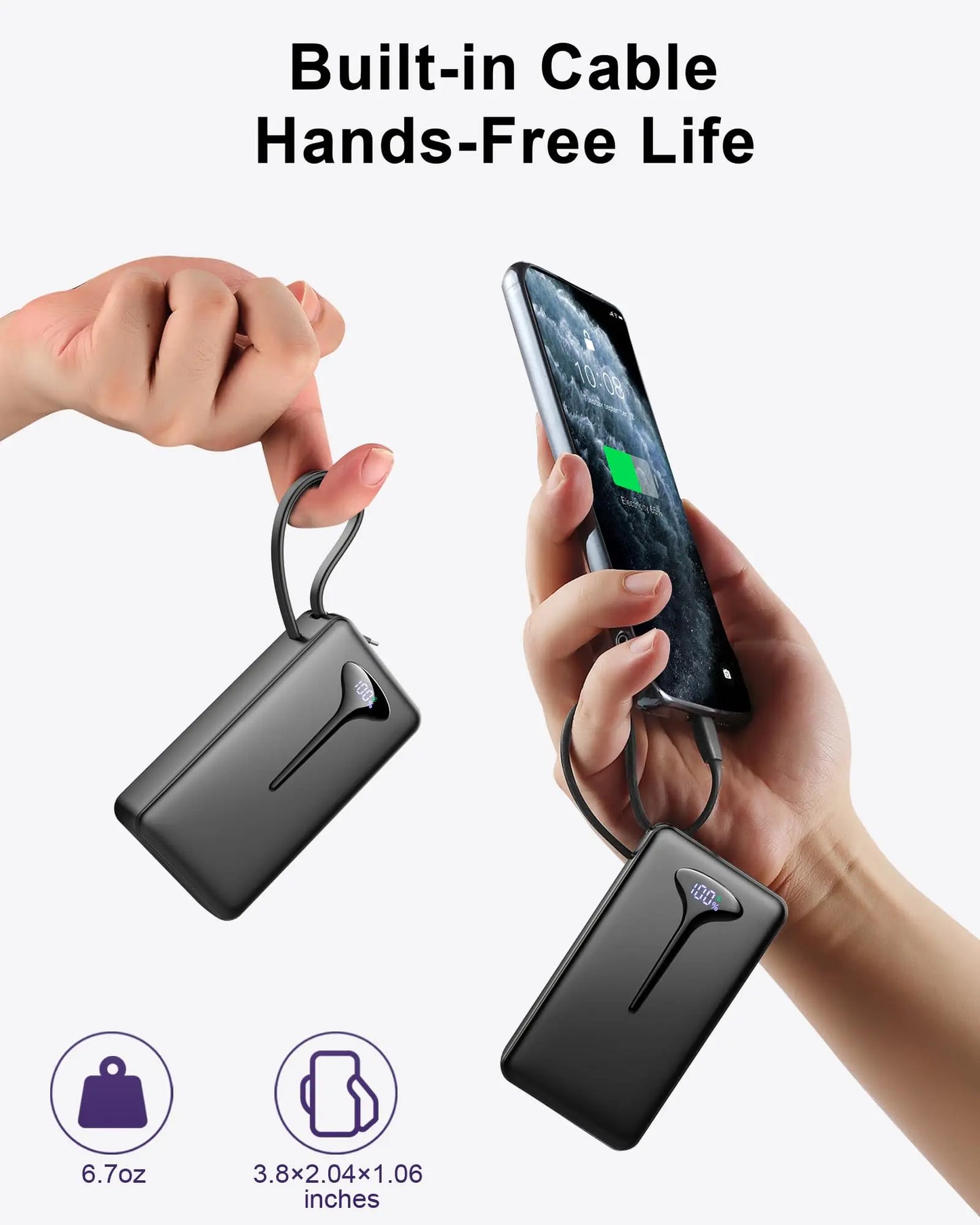 10000mAh Portable Charger Power Bank with 22.5W Fast Charging, USB-C In&Out, Built-in Cable,Travel Essentials for iPhone,Android