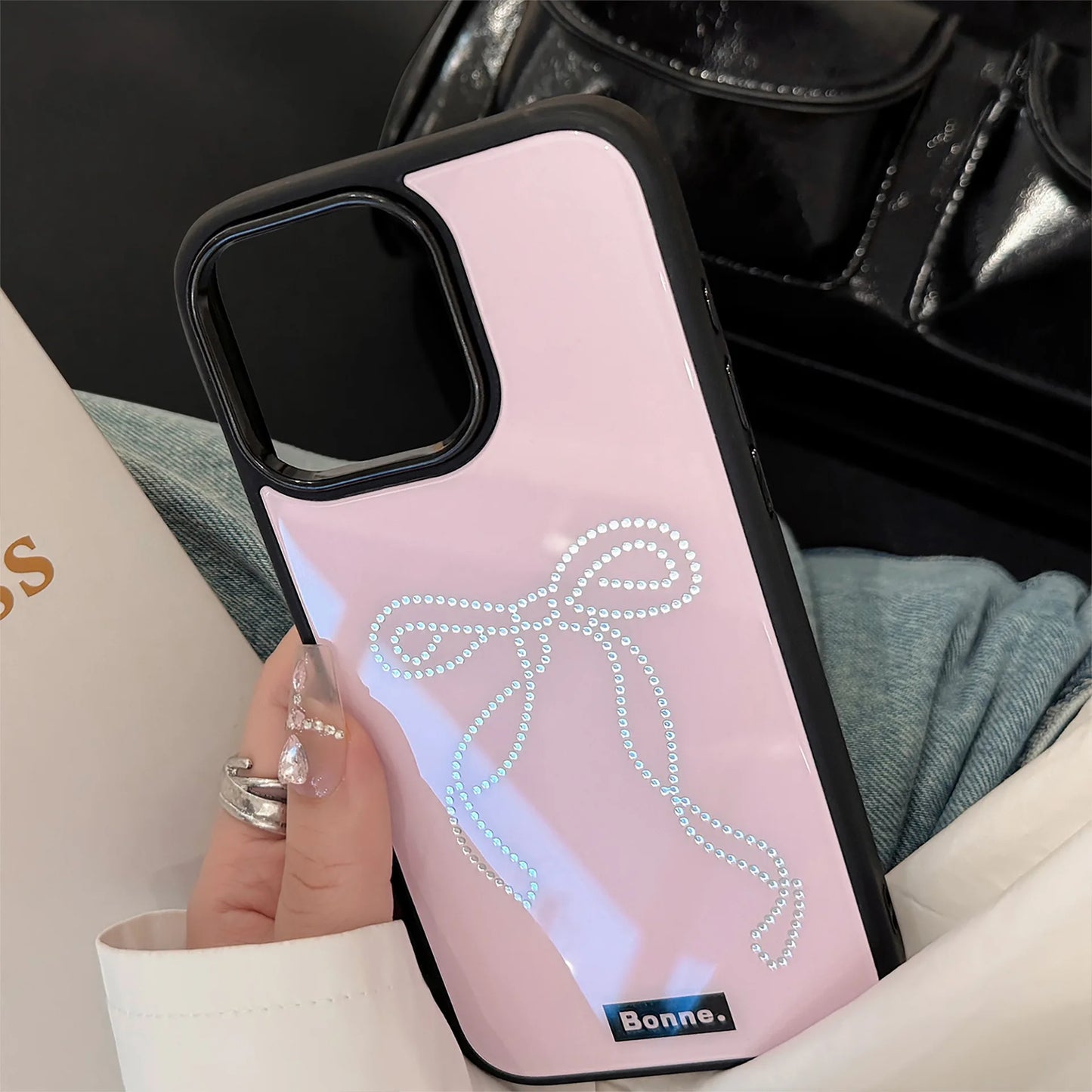 Rhinestone Bow Phone Case for iPhone 16 Pro Max 15 14 Plus 13 12 Cute Glossy Pink Girly Shockproof Hard Cover Gift