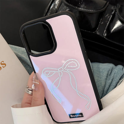 Rhinestone Bow Phone Case for iPhone 16 Pro Max 15 14 Plus 13 12 Cute Glossy Pink Girly Shockproof Hard Cover Gift