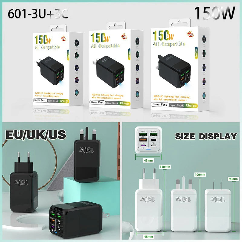 New 150W Fast Charger Mobile Phone Wall Adapter 3Type-C+3USB Multi Port Adapter Super Fast Charging for iPhone Samsung Huawei